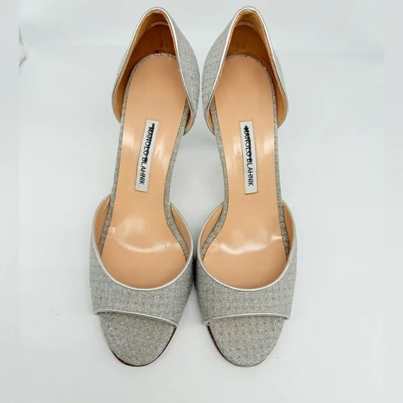Manolo Blahnik Vintage Metallic Silver plaid Open toe D’orsay pumps EU 41.5